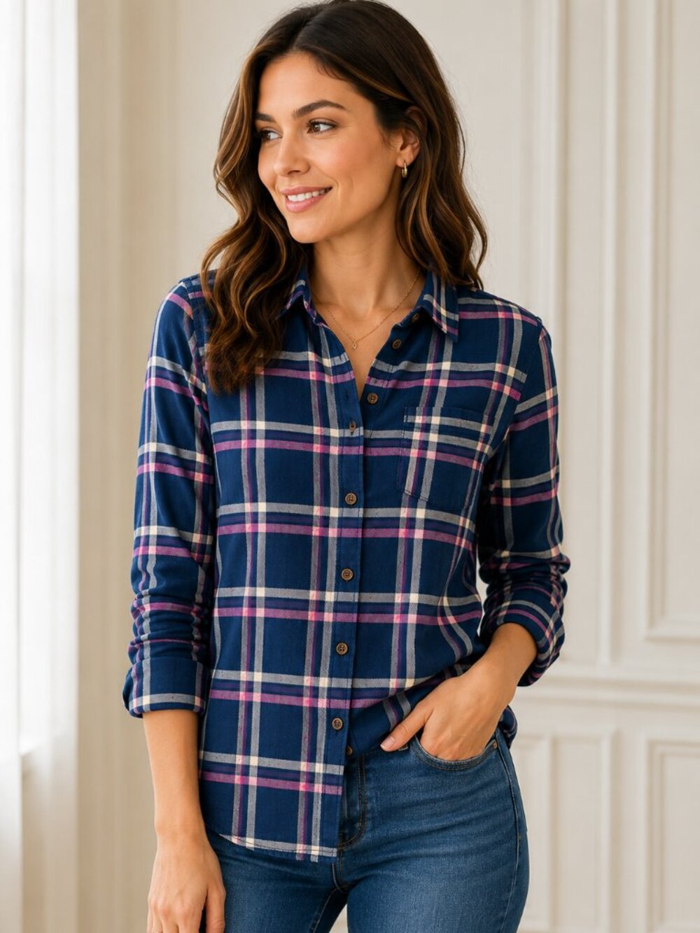 Buffalo David Bitton Teresa Plaid Button-Up Shirt NWT Small Navy Pink